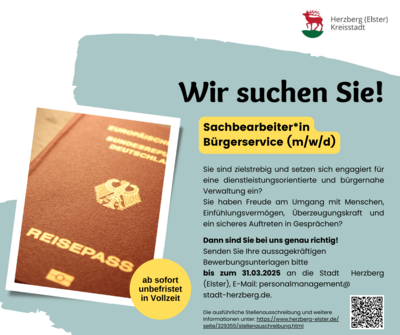 Meldung: Wir suchen Sie! Als Sachbearbeiter*in Bürgerservice (m/w/d)!