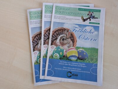Titelseite der aktuellen Ausgabe der Calauer Stadtnachrichten inkl. Amtsblatt. (Bild vergrößern)