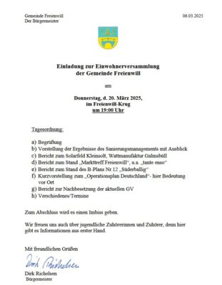 Einladung zur Einwohnerversammlung der Gemeinde Freienwill