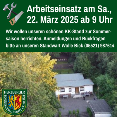Meldung: Auf dem Herzberger Kleinkaliberschießstand findet am Samstag, den 22. März 2025 ab 9 Uhr ein Arbeitseinsatz statt.