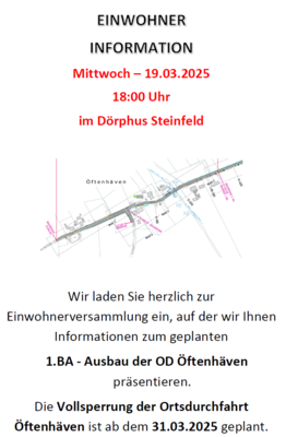 Meldung: Einwohnerinformationsveranstaltung zur Baumaßnahme - 1.BA Ortsdurchfahrt Öftenhäven