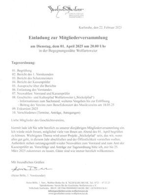 Einladung zur Mitgliederversammlung am 01.04.2025, 20.00 Uhr in der Begegnungsstätte Wolfartsweier