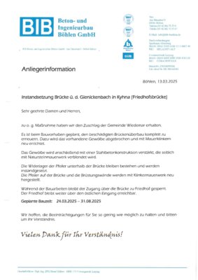 Meldung: Anliegerinformationen Friedhofsbrücke Kyhna