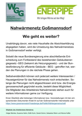 Neue Info zum Nahwärmenetz; Wie geht es weiter?