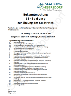 Meldung: Einladung zur Sitzung des Stadtrates
