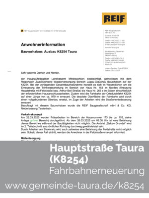 Meldung: Hauptstraße (K 8254) in Taura – Fahrbahnerneuerung | Anwohnerinformation
