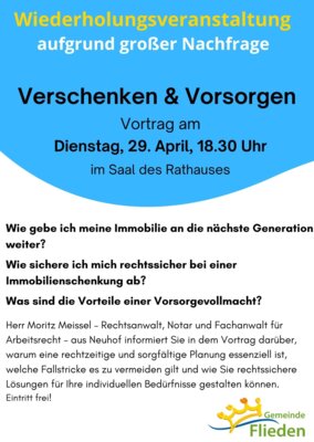 Vortrag: Verschenken & Vorsorgen am 29. April, 18.30 Uhr - Wiederholungsveranstaltung aufgrund großer Nachfrage