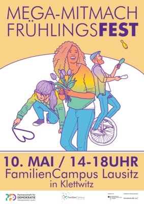 Plakat Mega-Mitmach-Frühlingsfest am 10. Mai 2025 auf dem FamilienCampus Klettwitz (Bild vergrößern)