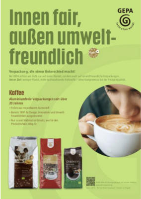 Neuer Aufsteller der GEPA zum Thema umweltfreundliche Verpackungen (Bild vergrößern)