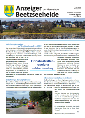 Meldung: Anzeiger der Gemeinde Beetzseeheide Ausgabe 01/2025