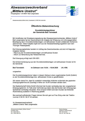 Foto zur Meldung: öffentliche Bekanntmachung für Grundstückseigentümer der Stadt Bad Tennstedt