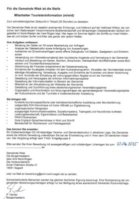 Neues Stellenangebot veröffentlicht - Mitarbeiter Touristeninformation Wiek (m/w/d) (Bild vergrößern)