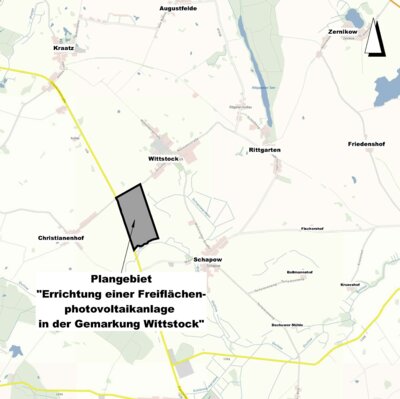 Frühzeitige Beteiligung der Öffentlichkeit gem. §3 Abs. 1 BauGB zum vorhabenbezogenen Bebauungsplan "Errichtung einer Freiflächenanlagephotovoltaikanlage in der Gemarkung Wittstock" (Bild vergrößern)