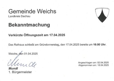 Rathaus am Gründonnerstag, den 17.04.2025 ab 16 Uhr geschlossen