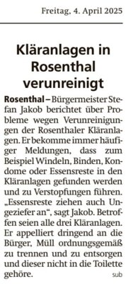 Meldung: Kläranlagen in Rosenthal verunreinigt