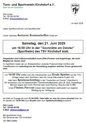 Foto zur Meldung: Safe the Date: 60+ Senioren-Sommertreffen am Samstag, den 21. Juni 2025  um 16:00 Uhr in der 