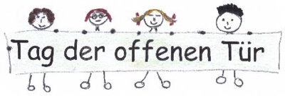 Gemaltes Bild mit vier Kindern, welche ein Banner mit der Aufschrift "Tag der offenen Tür" halten (Bild vergrößern)
