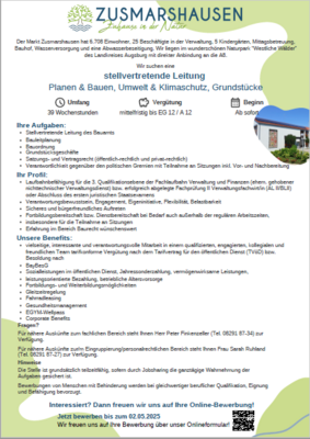 Stellenangebot: Stellv. Leitung "Planen&Bauen, Umwelt&Klimaschutz, Grundstücke" (Bild vergrößern)