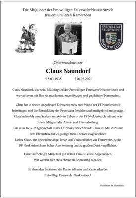 Trauer um Kamerad Claus Naundorf