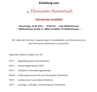 🤝 Ehrenamtsstammtisch am 24. April 2025 in Wölfershausen