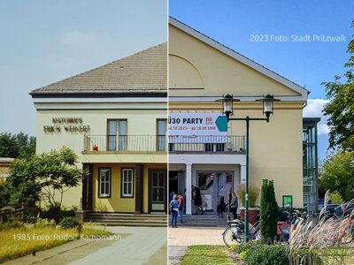 Das Kulturhaus der Stadt Pritzwalk ist ein beliebter Treffpunkt für die Pritzwalker Bürgerinnen und Bürger. Die Aufnahme zeigt die Giebelseite 1985 und 2023. Fotos: Rudolf Kampmann/Stadt Pritzwalk (Bild vergrößern)