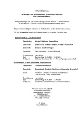 Bekanntmachung Termine Grabenschauen des WBV "Schlaubetal/Oderauen" im Amtsgebiet