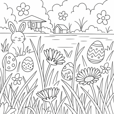 Ausmalbild mit Ostermotiven, Blumen und zwei Häuschen am Wasser.