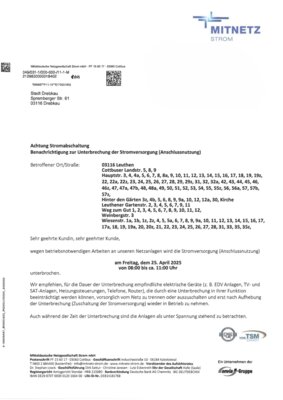 Achtung: Stromabschaltung