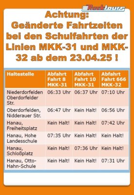 Update: Fahrzeiten Schulfahrten zu Fahrgastinformation Baumaßnahme:  Schöneck-Oberdorfelden Falltrostraße // MKK-24, MKK-31, MKK-32 (Bild vergrößern)