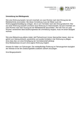 Ummeldung laut Meldegesetz (Bild vergrößern)