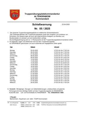 Schießwarnungen Mai 2025 (Bild vergrößern)