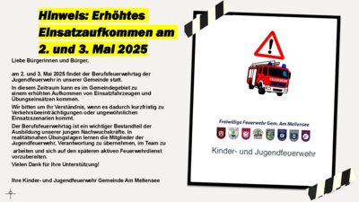 Feuerwehr - Hinweis: Erhöhtes Einsatzaufkommen am 2. und 3. Mai 2025 (Bild vergrößern)