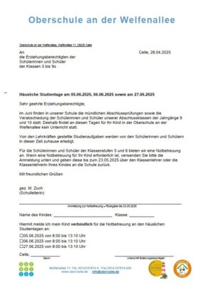 Häusliche Studientage 05.06, 06.06 und 27.06.2025