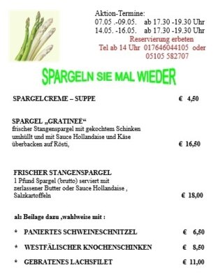 Foto zur Meldung: Spargeln sie mal wieder beim TSV Kirchdorf in der 'Gaststätte am Deister' im Mai ...