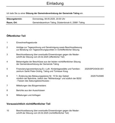 Nächste Gemeindevertretersitzung im Gemeindezentrum