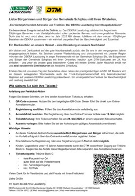 Der DEKRA Lausitzring feiert Doppeljubiläum! - Freitickets für Bürgerinnen und Bürger der Gemeinde Schipkau