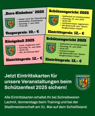 Jetzt Eintrittskarten für alle Veranstaltungen beim Schützenfest 2025 sichern! (Bild vergrößern)
