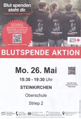 BLUTSPENDE-AKTION am 26. Mai 2025 von 15:30 - 19:30 Uhr Oberschule, Striep 2, Steinkirchen (Bild vergr&ouml;&szlig;ern)