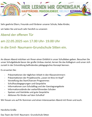 Vorschaubild zur Meldung: Emil-Naumann-Grundschule Sitten - Abend der offenen Tür am 22.05.2025 von 17.00 Uhr- 19.00 Uhr