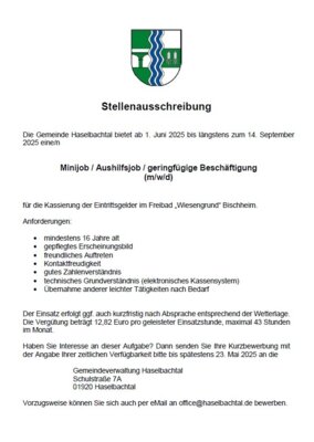 Stellenausschreibung für die Kassierung der Eintrittsgelder im Freibad "Wiesengrund" (Bild vergr&ouml;&szlig;ern)