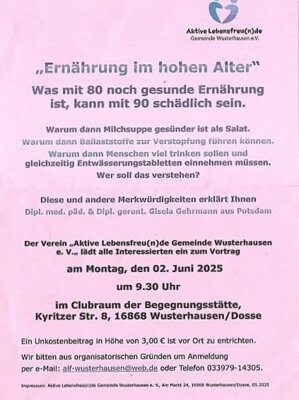 Ernährung im hohen Alter - Einladung zum Vortrag in der Altstadtoase