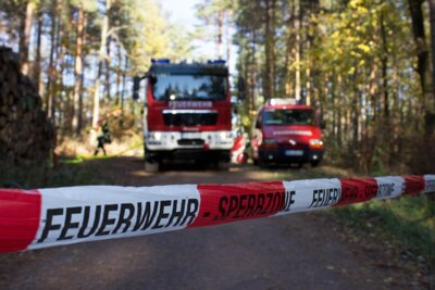 Feuerwehrfahrzeuge hinter einem Absperrband im Wald geparkt