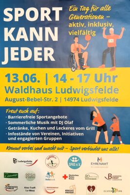 Plakat "SPORT KANN JEDER" - Aktionstag im Waldhaus Ludwigsfelde - 13.06.2025
