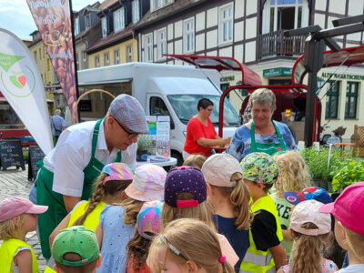 Bürgermeister Dr. Ronald Thiel hat zum Salat- und Kräutermarkt am 11. Juni die Kitas der Stadt zur Schnupperstunde im Kräuterbeet eingeladen. Foto: Stadt Pritzwalk (Bild vergr&ouml;&szlig;ern)