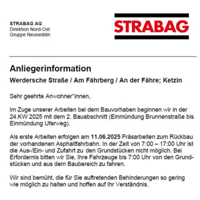 Anliegerinformation: Werdersche Straße / Am Fährberg / An der Fähre