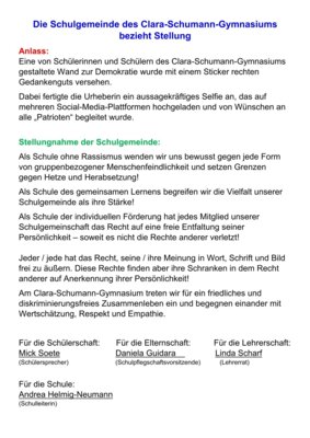 Meldung: Die Schulgemeinde des Clara-Schumann-Gymnasiums bezieht Stellung
