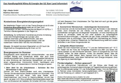 Energiesparen im Sommer / Förderratgeber / Hinweis auf die Beratungsmöglichkeiten über den VerbraucherService Bayern für Privatpersonen.