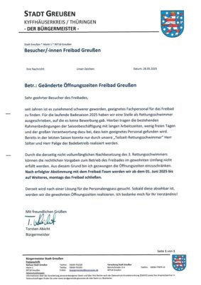 Geänderte Öffnungszeiten im Freibad (Bild vergrößern)