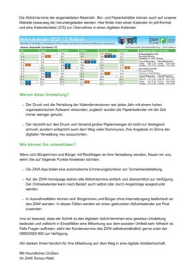 ZAW-Donauwald Abfuhrkalender als PDF oder eine Kalenderdatei (Bild vergrößern)