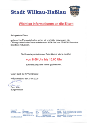 Meldung: Geänderte Öffnungszeiten